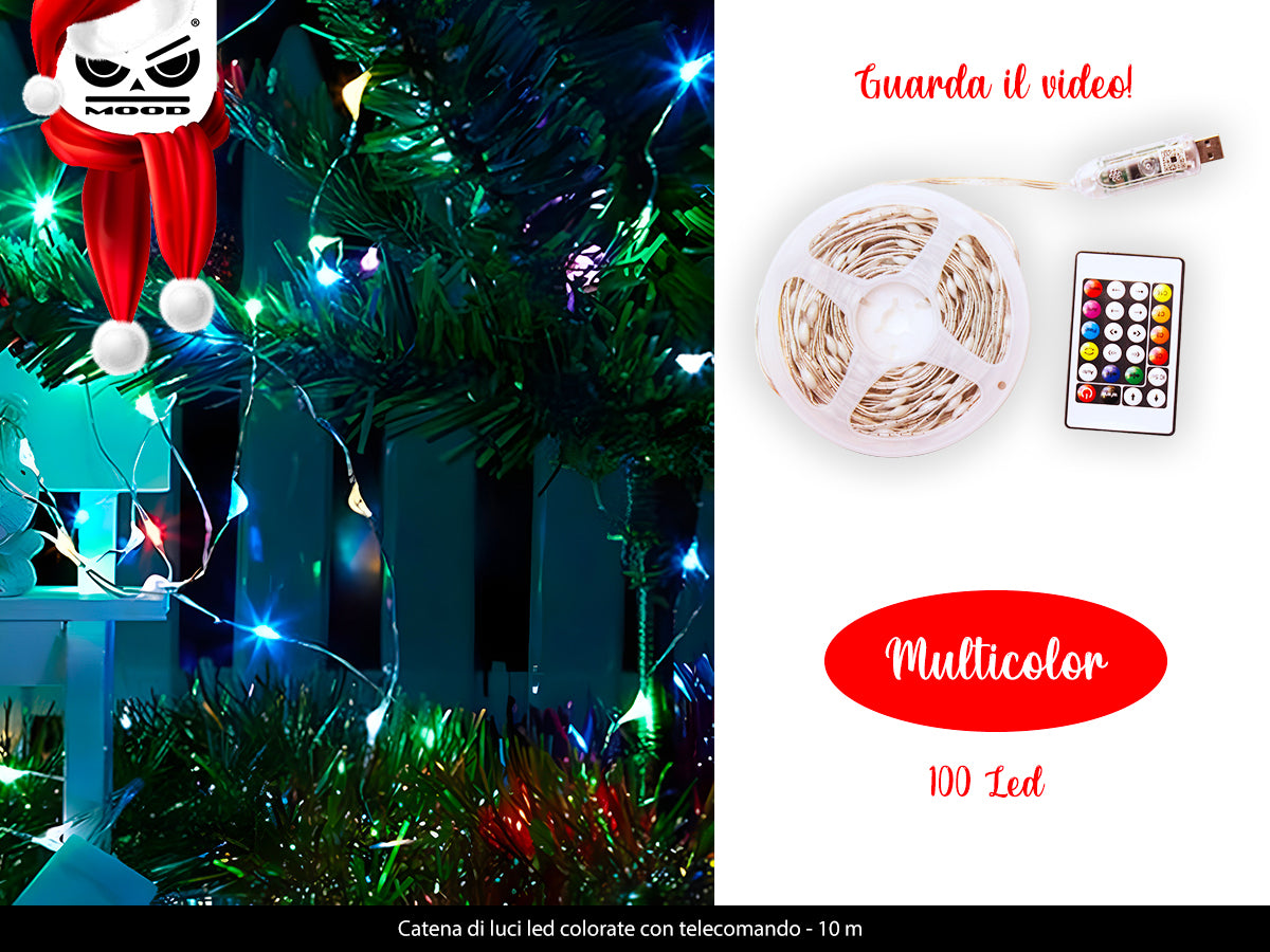 Catena di luci led colorate c/telecomando 100 led 10 m e cavo USB Cod. XT3007