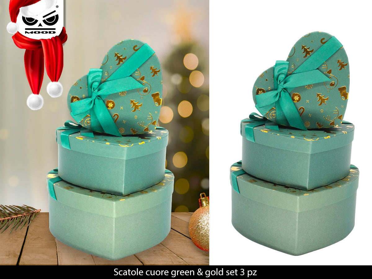 Set 3 scatole cuore green & gold natalizie Cod. XT3089