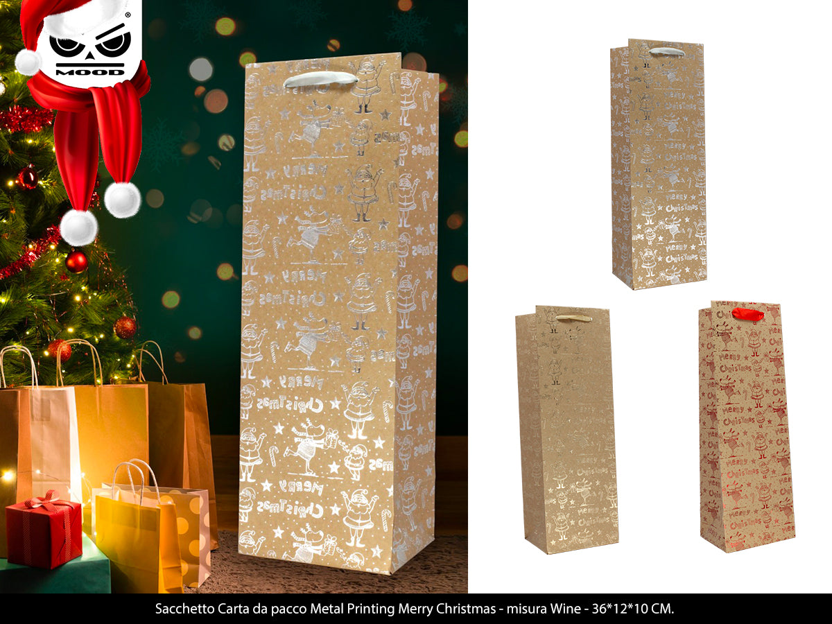 Sacchetto vino in carta da pacco con "Merry Christmas" metal Cod. XT3152