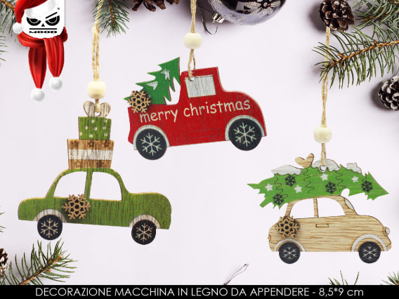 Decorazione macchinina sagomata in legno da appendere 3 colori Cod. XT2079