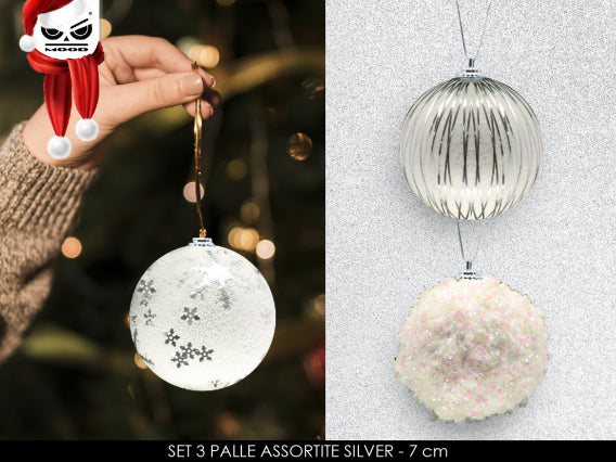 Set 3 palline assortite Bianco/Argento D. 8 cm Cod. XT2135